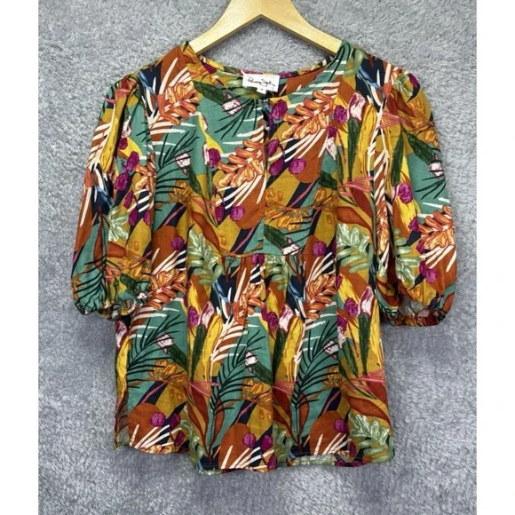 NWT Panama Jack Womens Top Linen Blend Puff Slv Tropical Boxy V Neck Boho Sz M - Picture 2 of 11